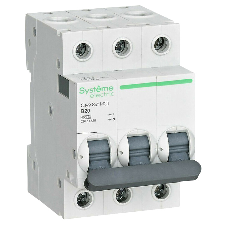 Автоматический выключатель трехполюсный Systeme Electric City9 Set 3Р 20А (B) 4.5кА, сила тока 20 А, тип расцепления B, переменный, отключающая способность 4.5 kА